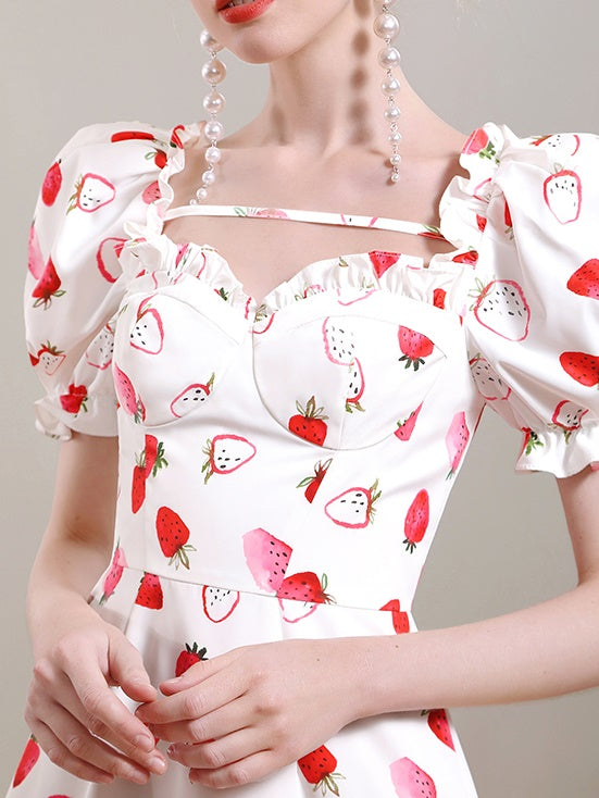 Strawberry Frill Asymmetry Fluffily Puff-Sleeve Cute One-Pieced