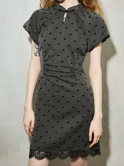 Chinese Style Bowknot Print Waist Dress