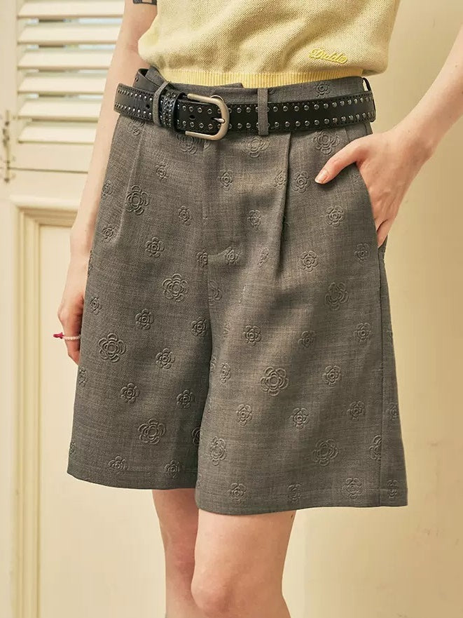 Embossed Loose Wide-leg Short Pants