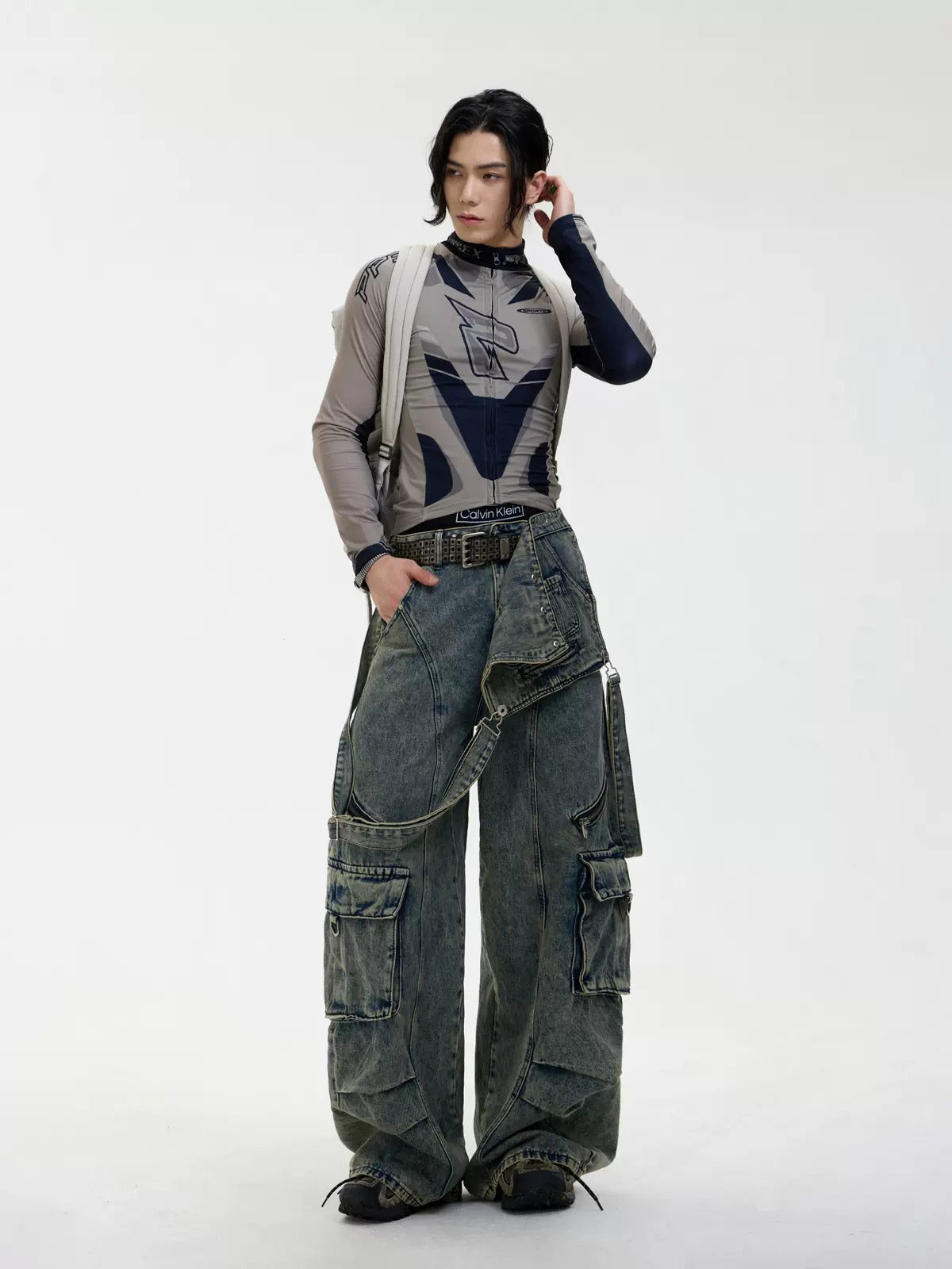 Detachable Distressed Washed Multi-pocket Salopette Pants