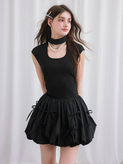 Hollow Stand-up Collar Bow Flower Bud Short Dress