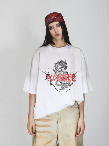 Dirty-dyed Chinese Dragon Print Round Neck T-shirt