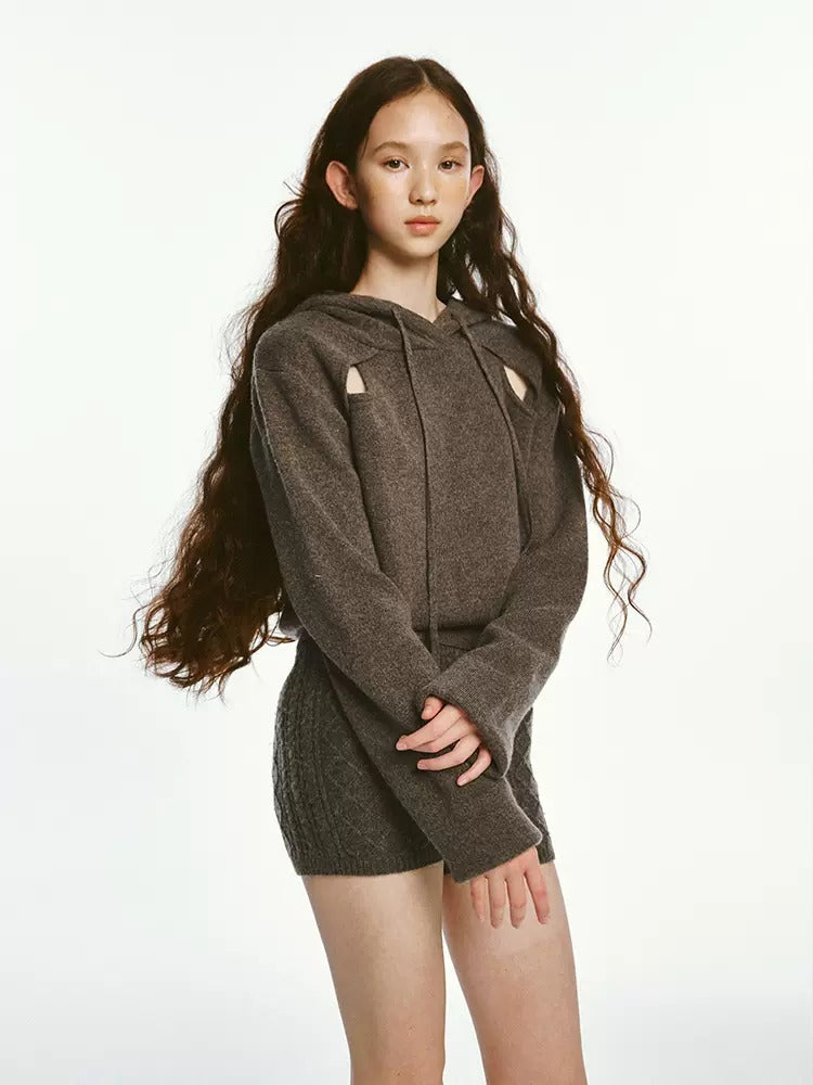 Sporty Cut-out Design Knitted Hoodie &amp; Short Pants