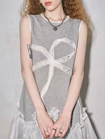 Hollow Bow Embroidered Sleeveless One-piece