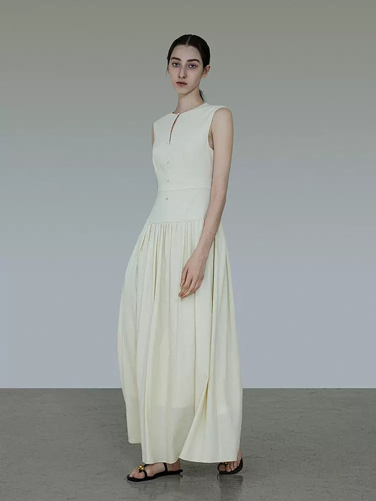 Round Neck Waist Gather Sleeveless Long Dress