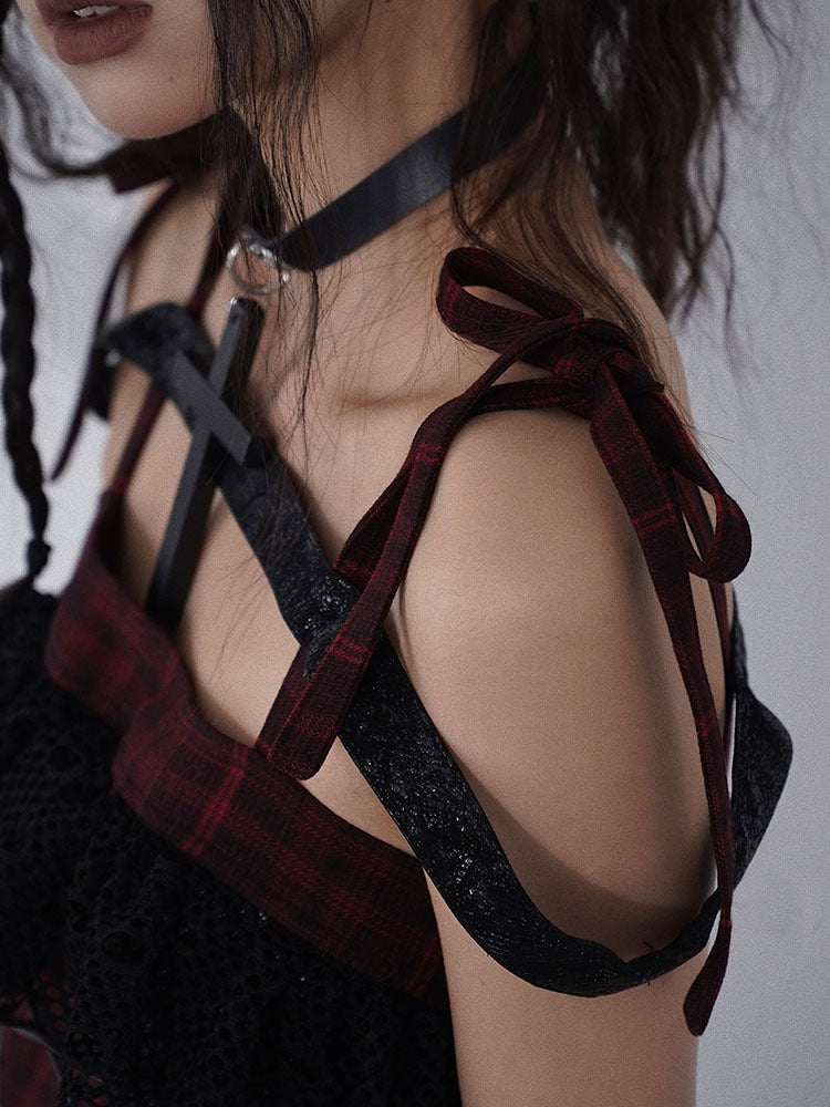 Niche Rock Suspender Plaid Dress