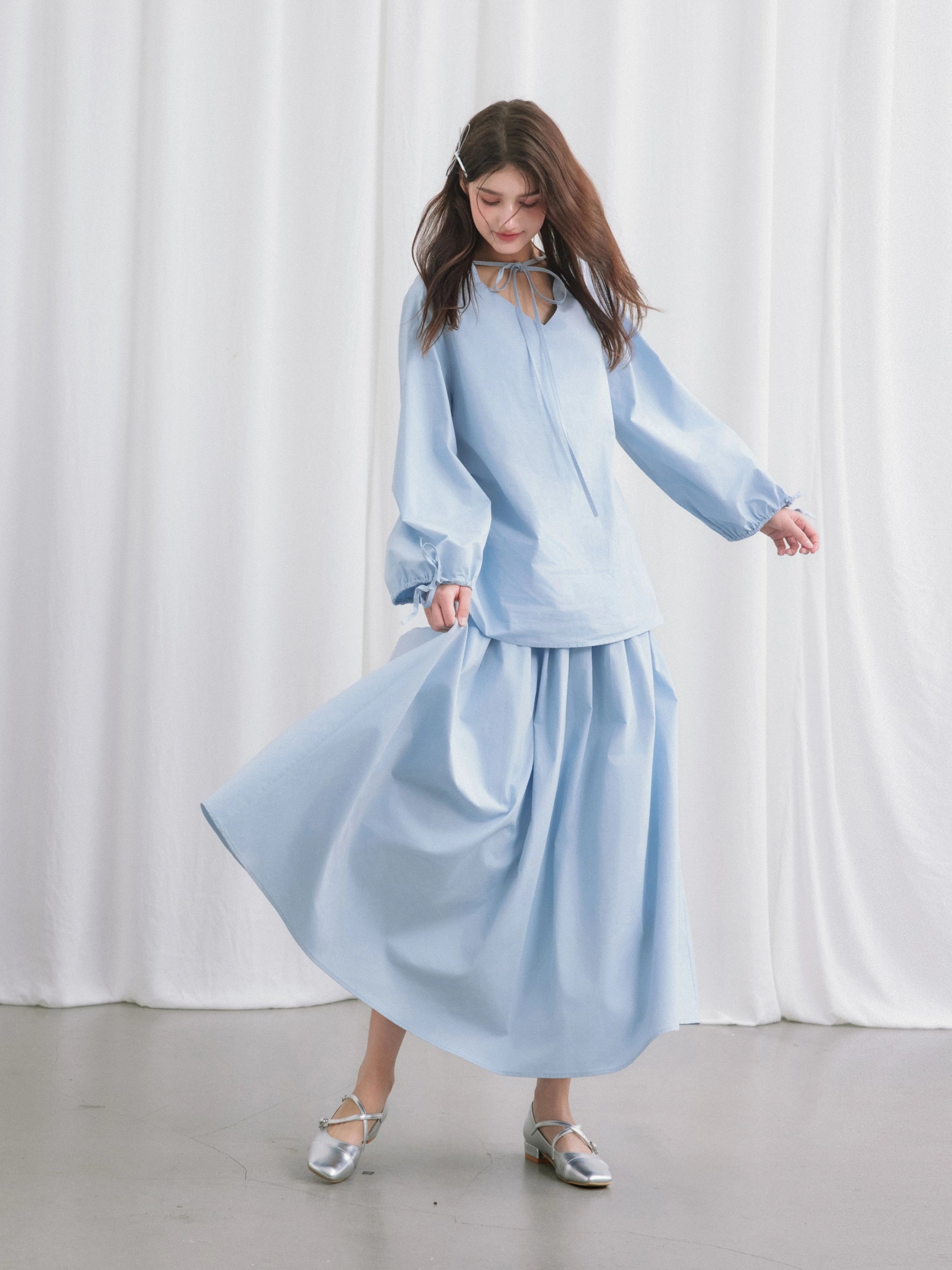 V-neck 2Way Long-sleeve Ribbon Shirtle &amp; Long Skirt