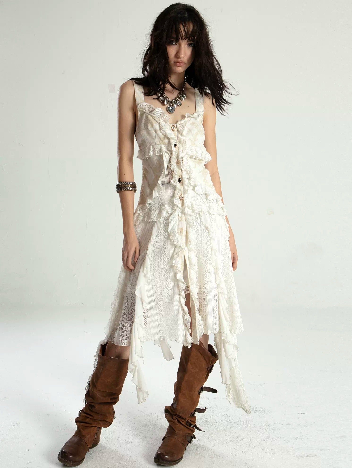 Romantic Wandering Style Ruffle Lace Irregular Suspender Dress