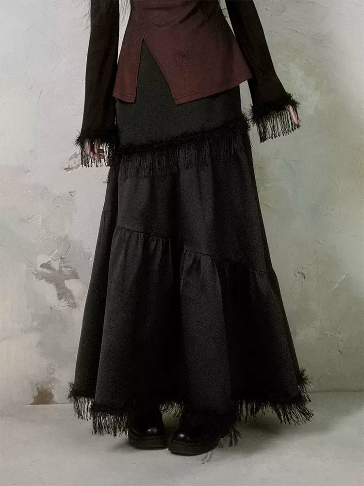 A-line Fringe Stitch Long Skirt