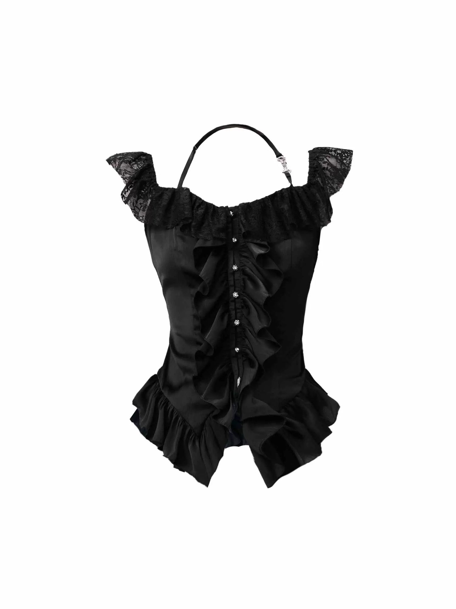 Ruffle Lace Halter Neck Off-Shoulder Shirt