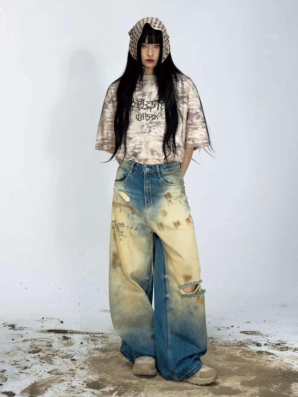 Mud-dyed Ripped Wide Straight Jeans