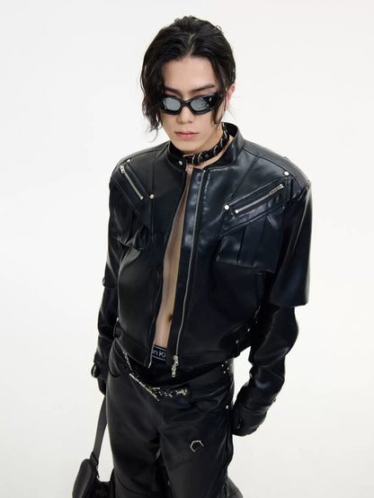 Stand Collar Zipper Short Leather Jacket