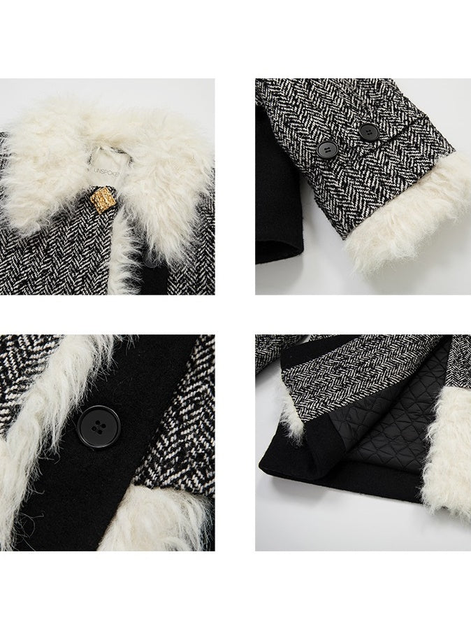 Fur Collar Splicing Herringbone Short Coat