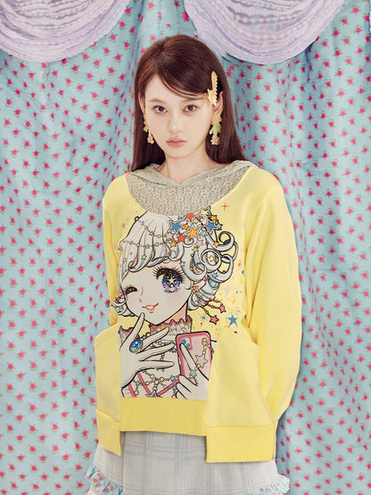 Girl Printed Lace Hooded Sweatshirt