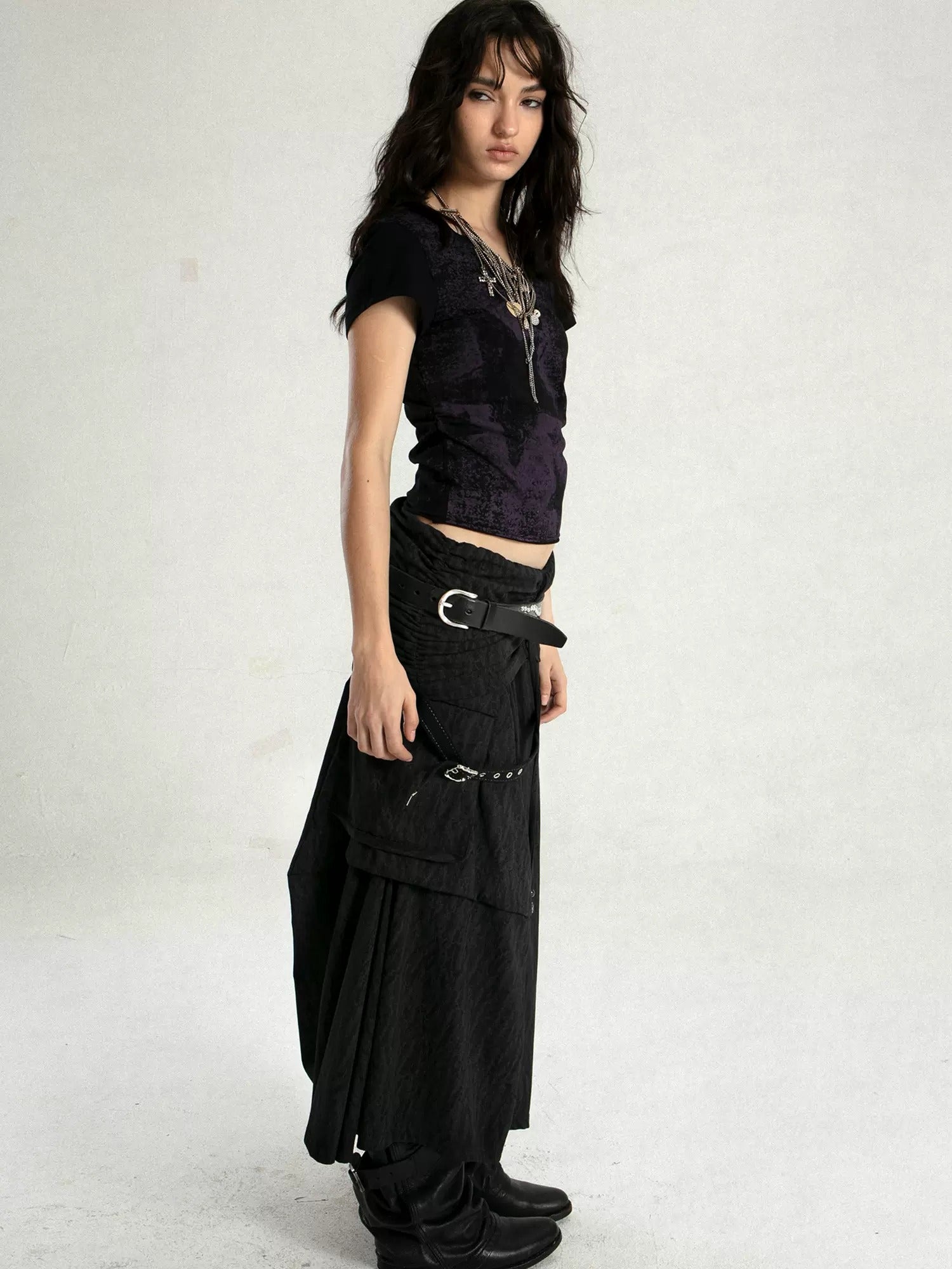 Tribal Style Irregular Segmentation Pleated Long Skirt