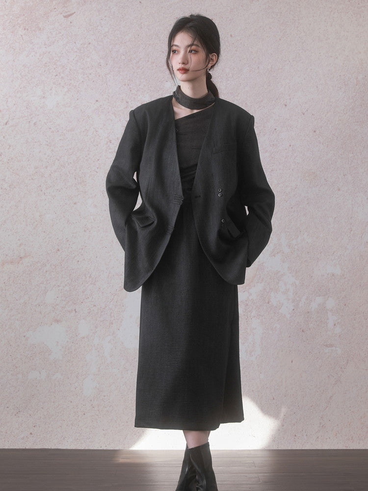 Set-Up Ovresize Plain Oversize Retro Chic Jacket＆Long-Skirt