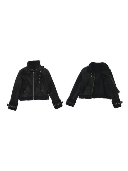 Boa Stand-Collar Vintage Thick Leather-Jacket