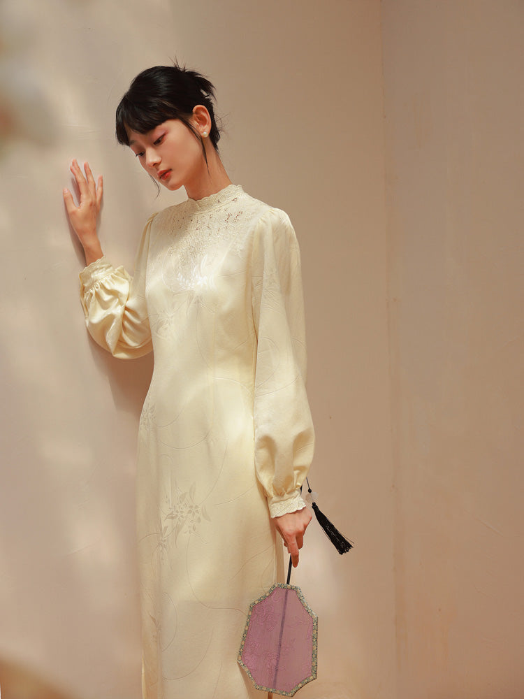 Embroidery China Mao-Collar Balloon-Sleeve Formal One-Piece