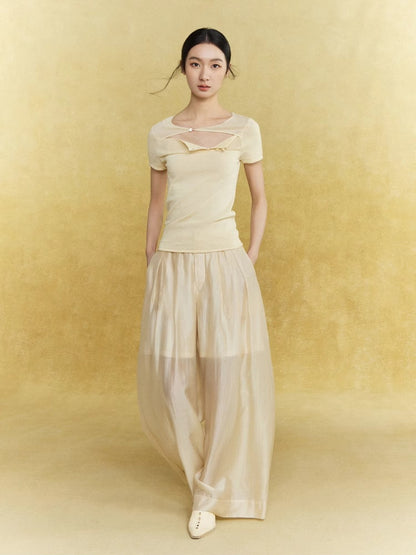 Wide-Leg Handsome Plain Straight Satin Sheer Elegant Pants