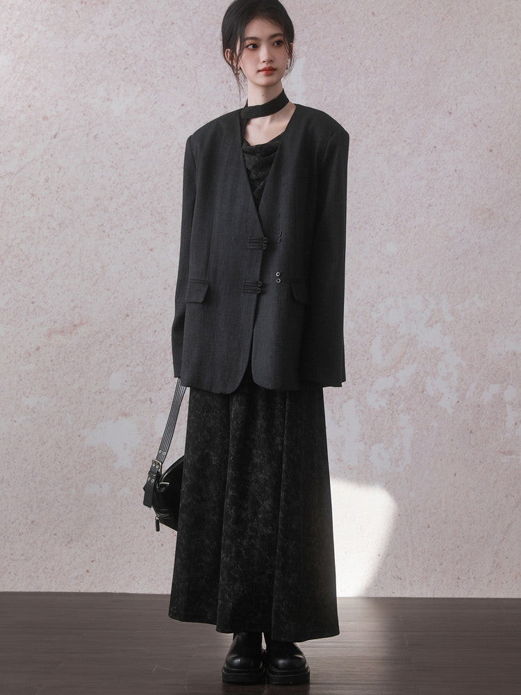 Set-Up Ovresize Plain Oversize Retro Chic Jacket＆Long-Skirt