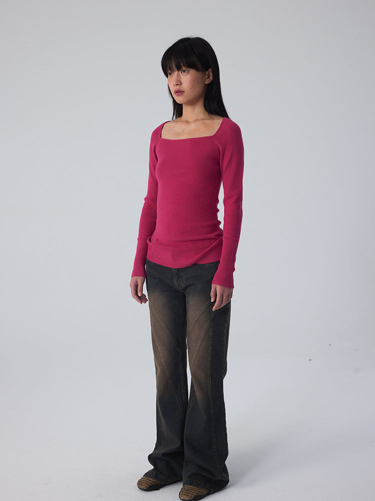 Square-Neck Retro Tight Vivid Slim Plain Knit