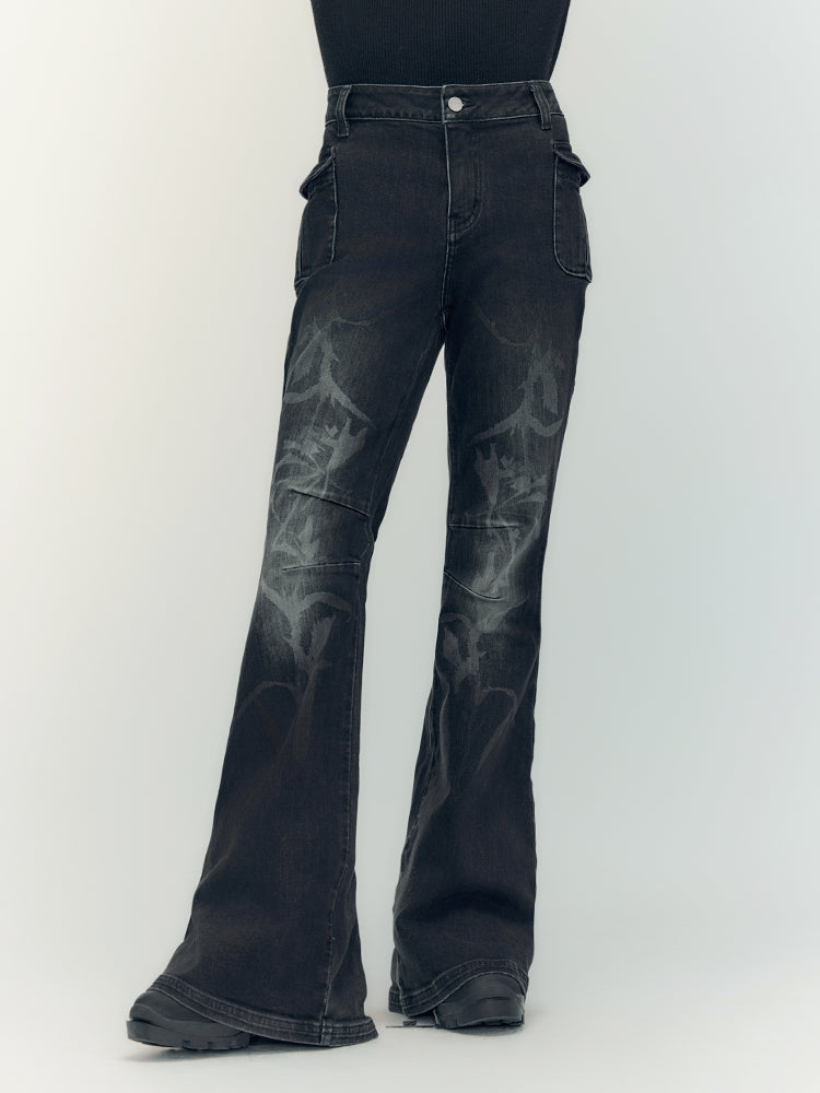 Denim Faded High-Waist Glossy Flare-Pants