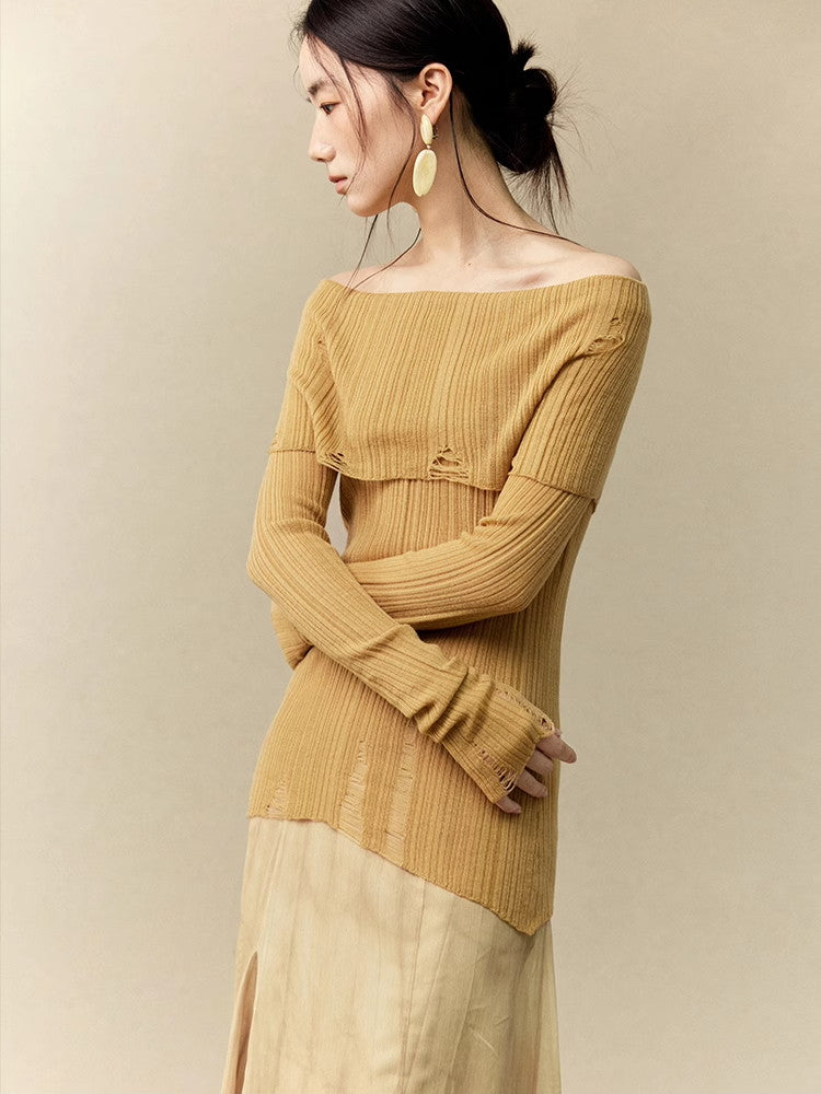 Off-Shoulder Damage Slim Sheer Nichi Classy Knit