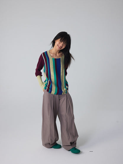 Long-Cuff Stripe Retro Chic Square-Neck Knit