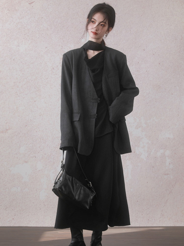 Set-Up Ovresize Plain Oversize Retro Chic Jacket＆Long-Skirt