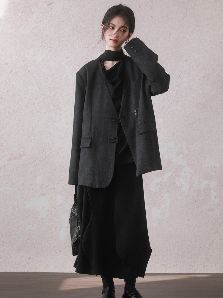 Set-Up Ovresize Plain Oversize Retro Chic Jacket＆Long-Skirt