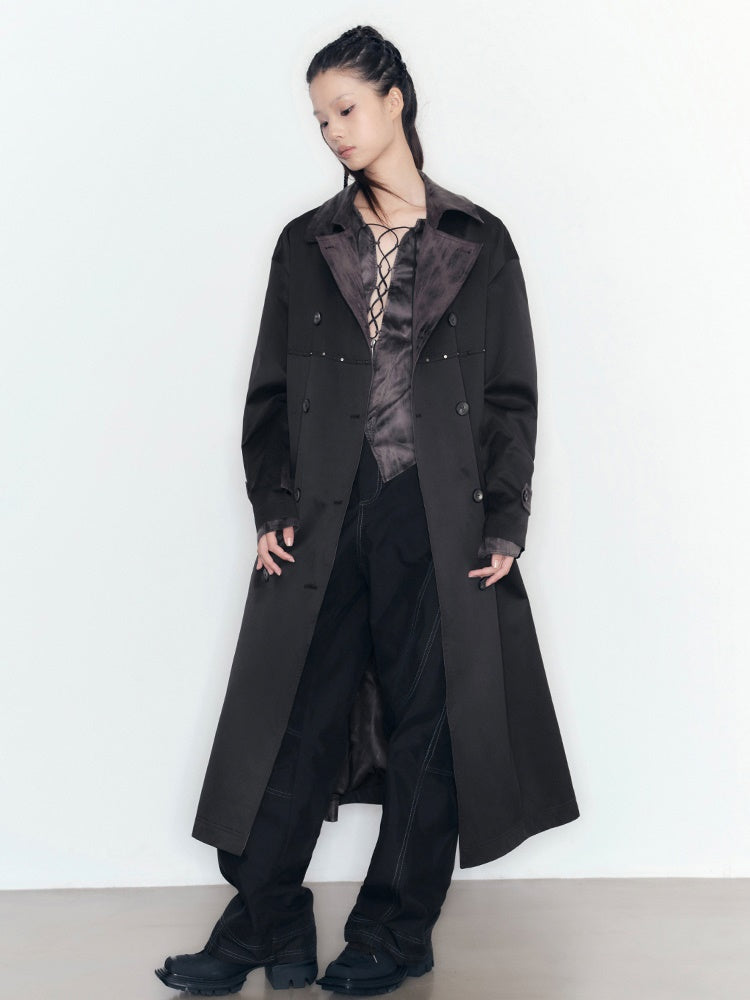 Ribbon Long Flare Speckled Trench-Coat