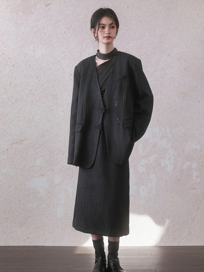 Set-Up Ovresize Plain Oversize Retro Chic Jacket＆Long-Skirt