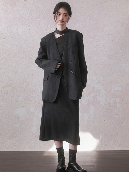 Set-Up Ovresize Plain Oversize Retro Chic Jacket＆Long-Skirt