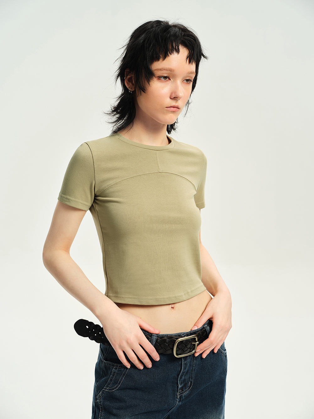 Crew-neck Cropped Plain T-shirt