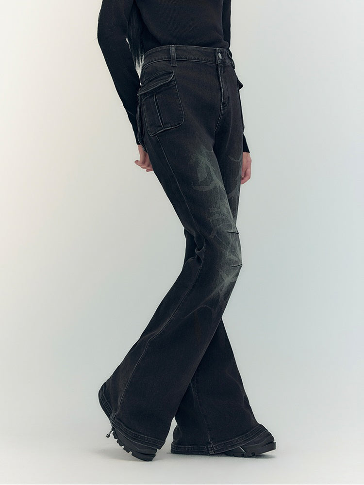 Denim Faded High-Waist Glossy Flare-Pants