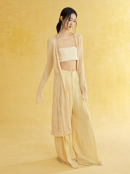 Natural Slit Wide-Leg Wrinkled Plain Flare-Pants