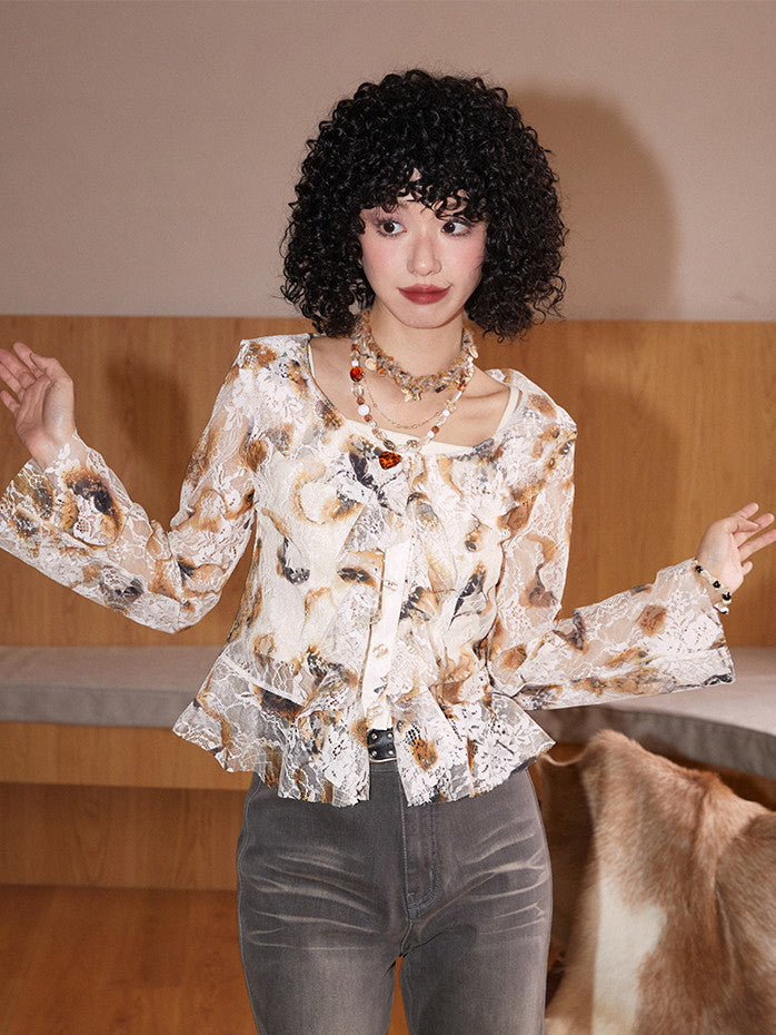 Set-Up Lace See-Through Retro Flower Frill Blouse