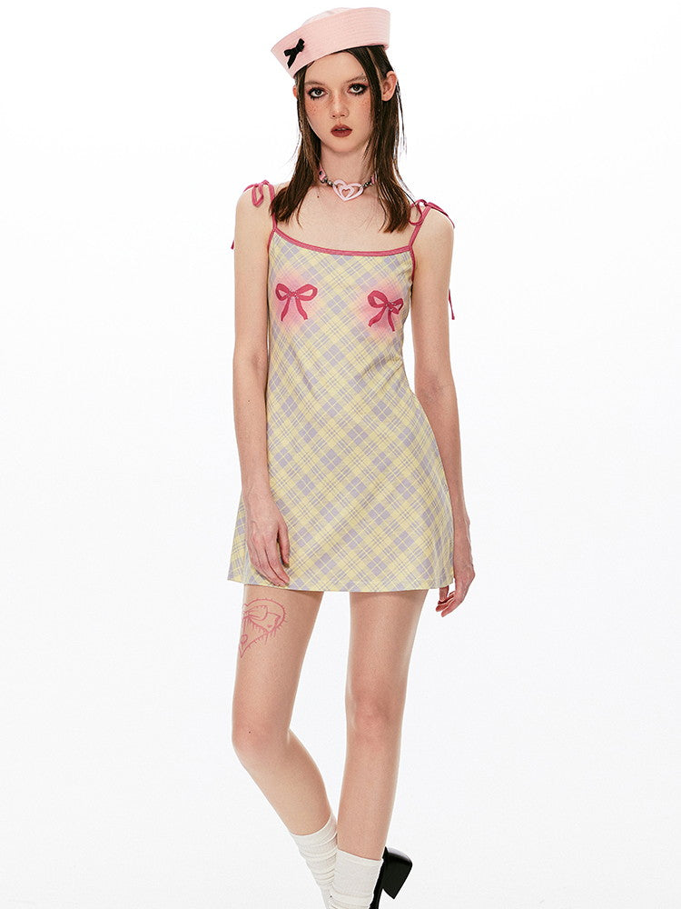 Checked Ribbon Girly Cute Camisole Dress