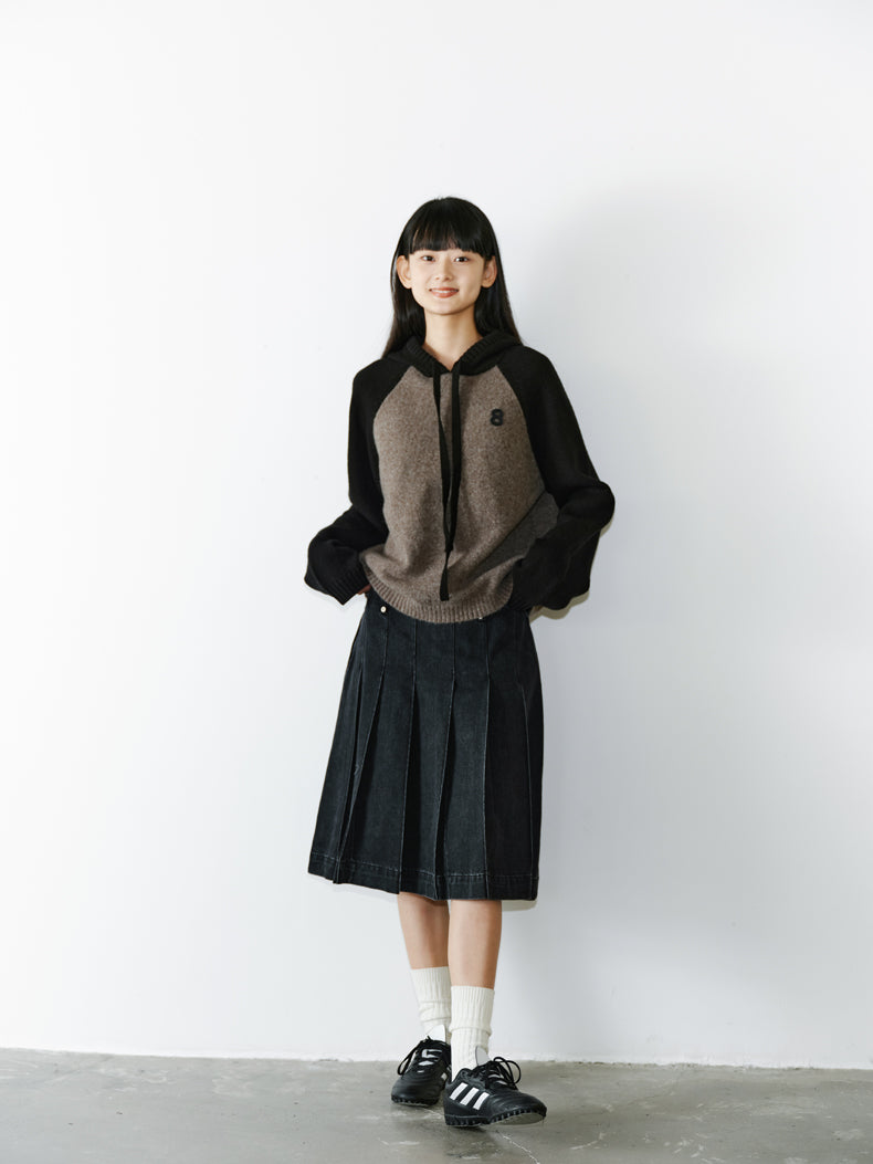 Knit Hoddie Bi-Color Simple Parlka Wool-Tops