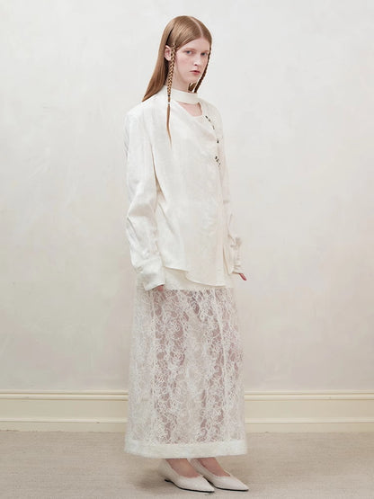 Flower Embroidery Satin China Oversize Shirt