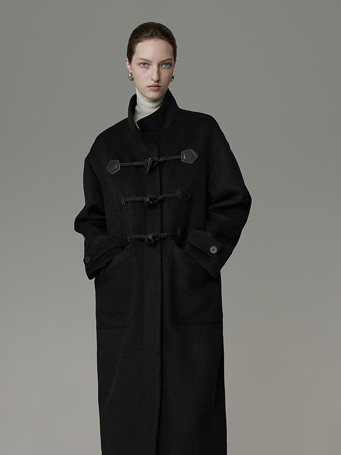 Wool Long Simple Stand-Collar Duffel-Coat