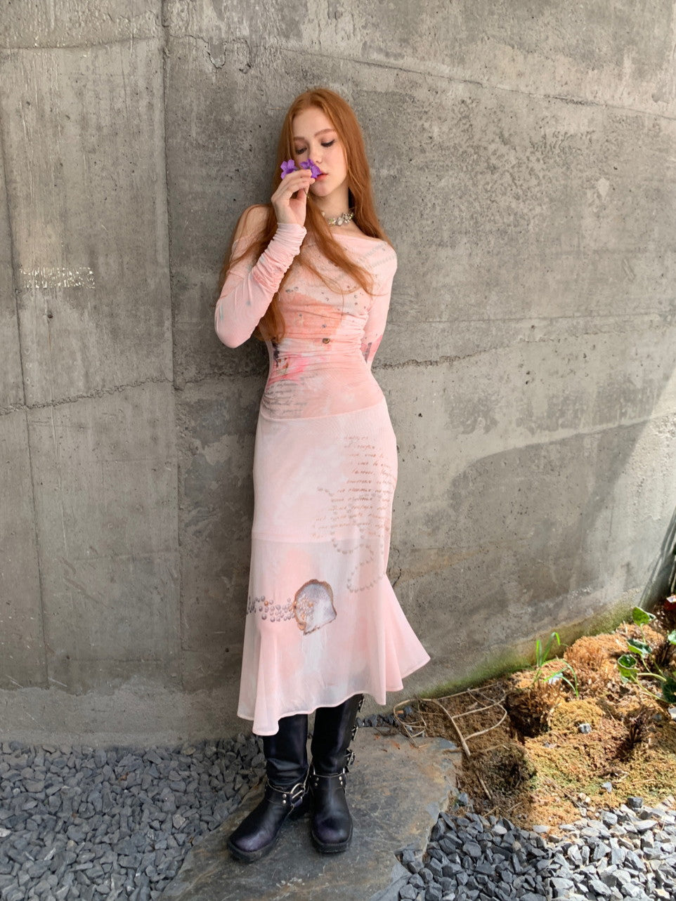 Lotus Campus, New Chinese Fashion Lolita Long Sleeves False 2pcs One-Piece,  Lace Short Cape, Ethereal Skirt Piece & Handmade Beret, Refined 4pcs Dress