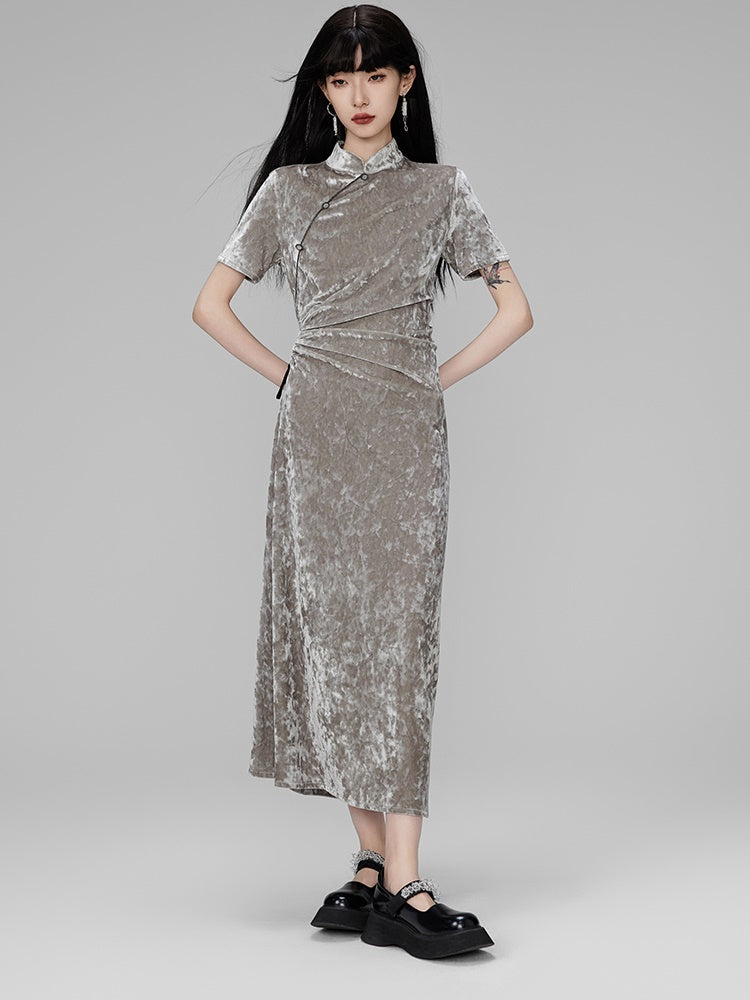 China High-End Nichi Drawstring Side-Holel Crumply Long Dress