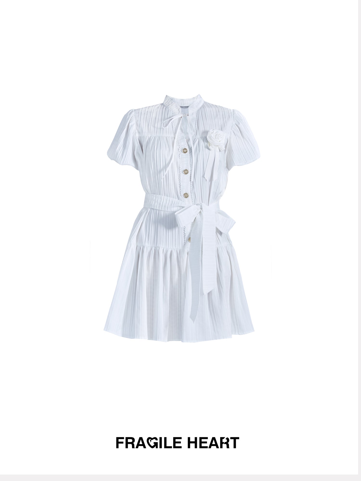 Ribbon Pleats Rose Puff-Sleeve Shirt-One-Piece