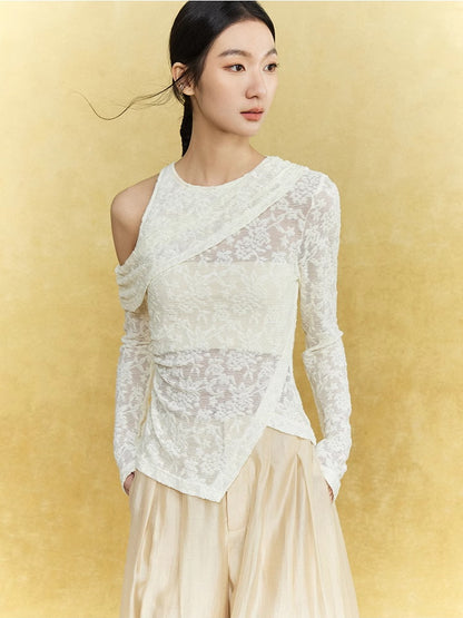 Open-Shoulder Flower Mesh Sheer Asymmetry Knit