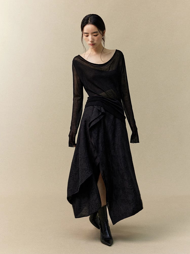 Wrap Nichi Asymmetry Ruffle Wrinkled Classy Long-Skirt