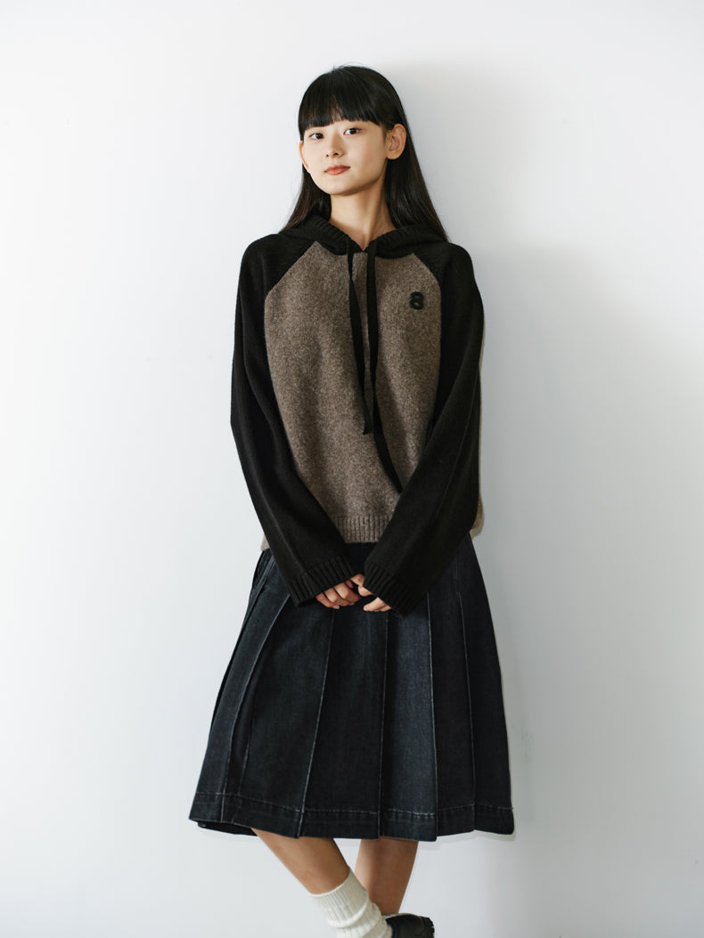 Knit Hoddie Bi-Color Simple Parlka Wool-Tops