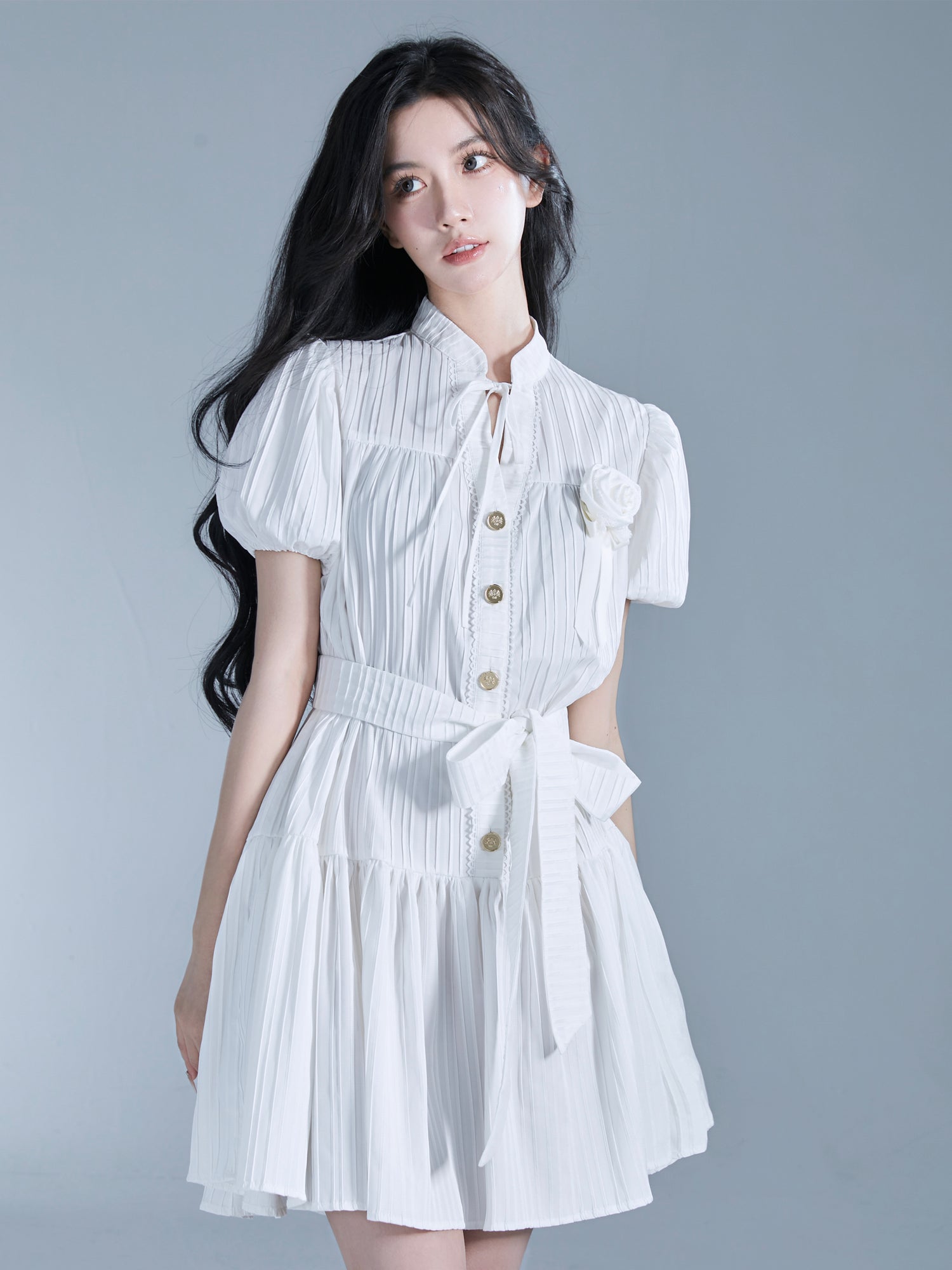 Ribbon Pleats Rose Puff-Sleeve Shirt-One-Piece