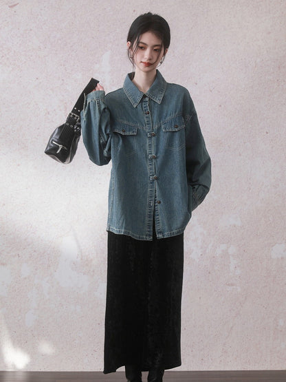 Casual Vintage Oversize Drop-Shoulder Denim-Jacket