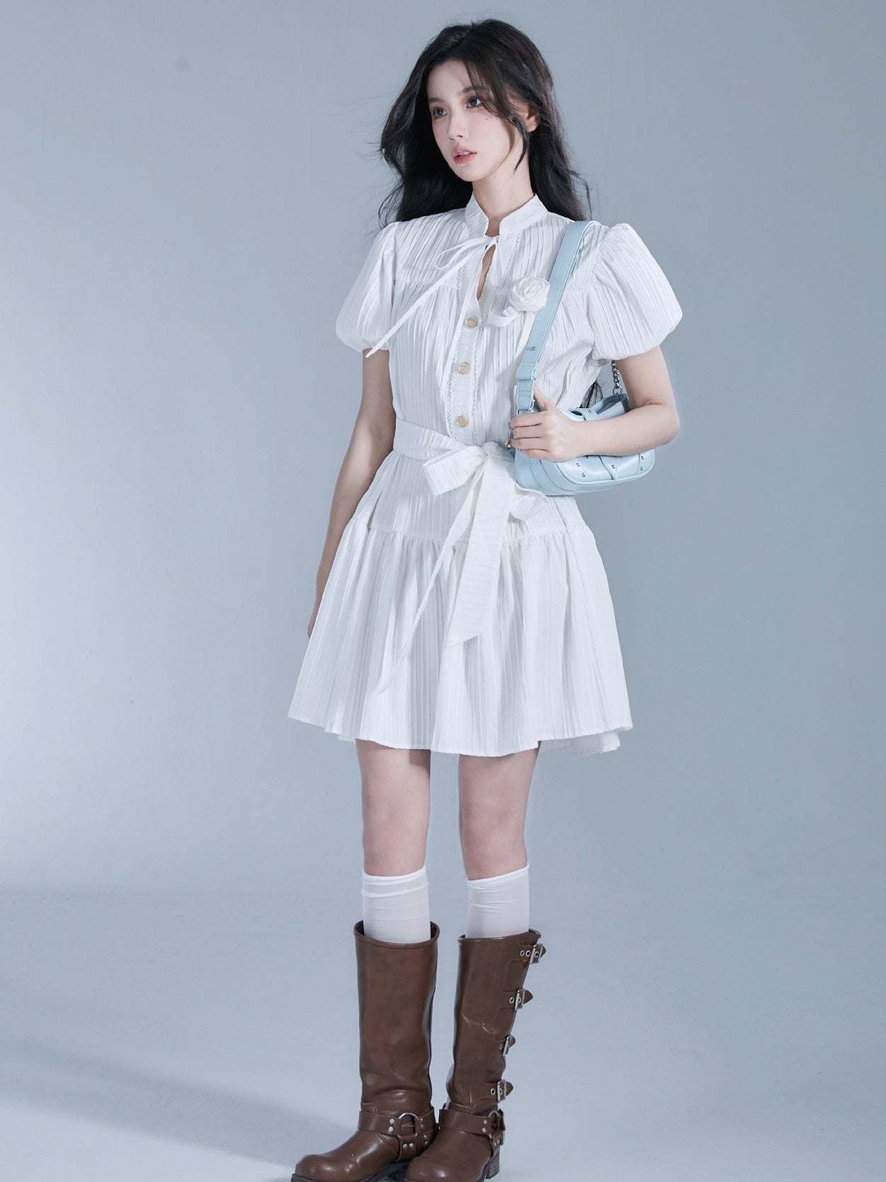 Ribbon Pleats Rose Puff-Sleeve Shirt-One-Piece